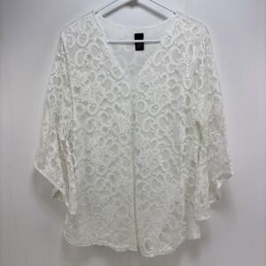 Lildy Womens L-XL Tunic Top White Lace V-Neck Bell Sleeve Romantic Boho Coquette